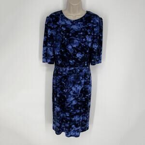 Betsey Johnson Floral Sheath Dress Sz 14 Blue Black Elbow Length Sleeve Lined